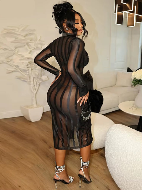 Liv Mesh Midi Dress Black